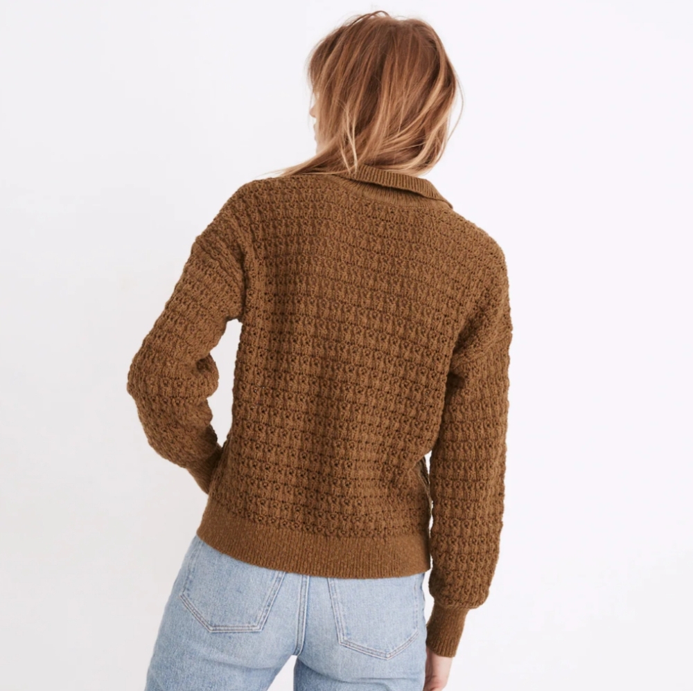Madewell Sunbury Open-Stitch Polo Sweater Golden Spinach Textured Knit XS - Picture 3 of 12